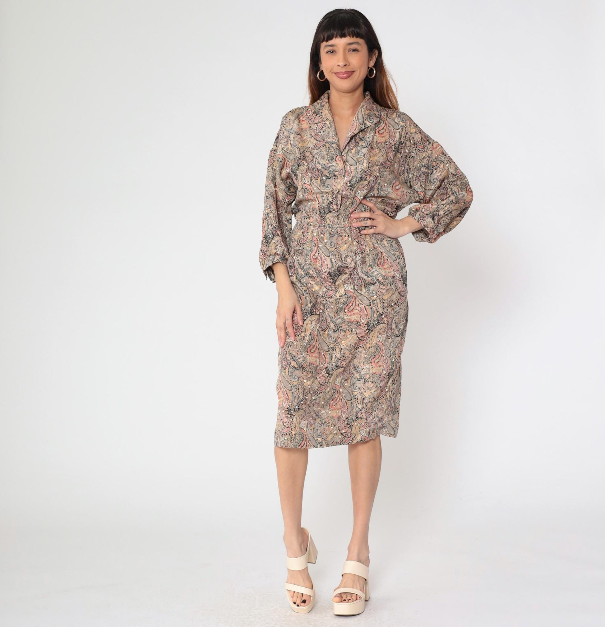 80s The Jones Girl Paisley Midi Dress High Waist Button Up Beige Medium