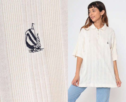 90s Nautica Quarter Zip Sailboat Shirt Off-White Ribbed Cotton Medium M