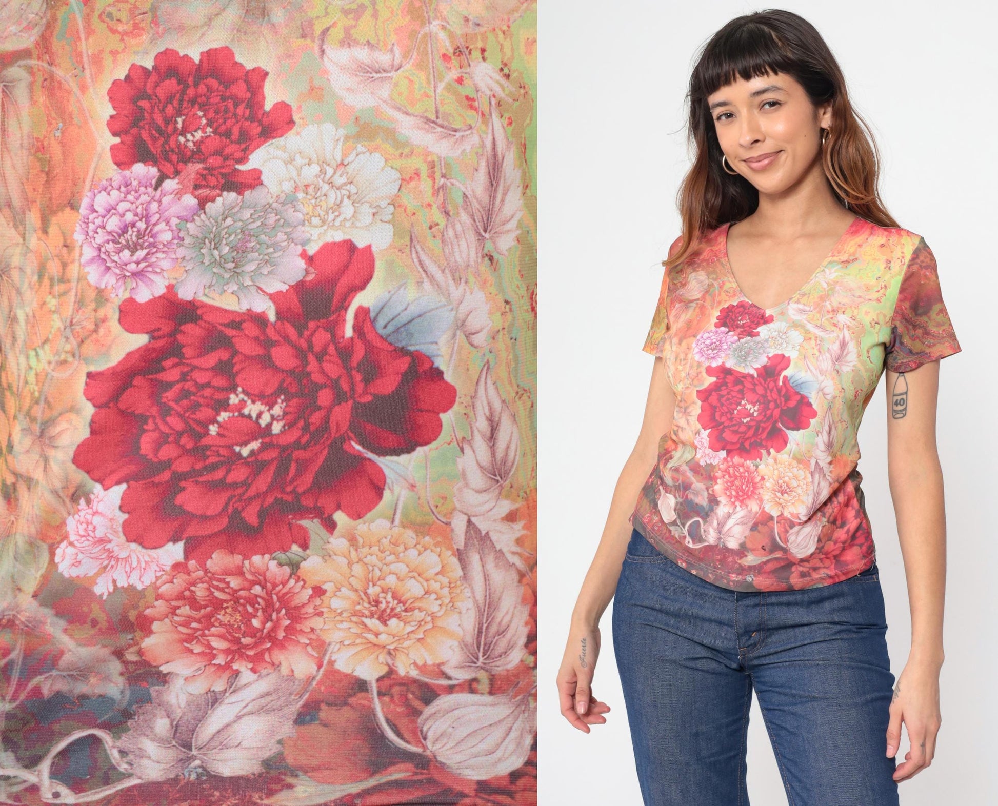 Y2K Floral Graphic V-Neck Blouse Short Sleeve Fitted Top Medium M