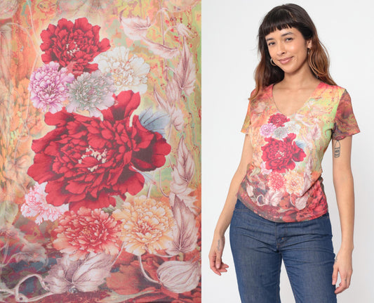 Y2K Floral Graphic V-Neck Blouse Short Sleeve Fitted Top Medium M