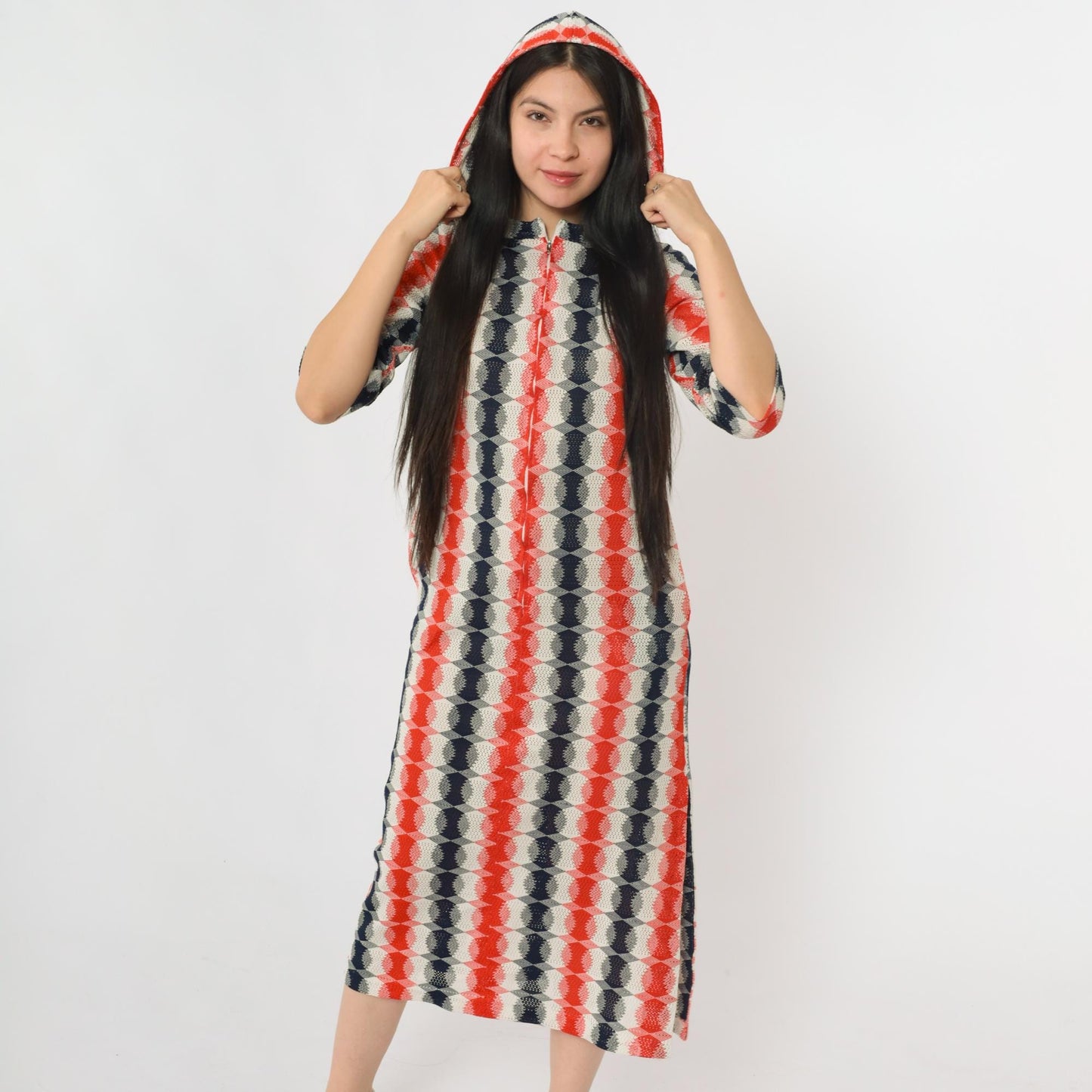 70s Mod Op Art Zip Dress Red Navy White Hooded Midi Cutout Small
