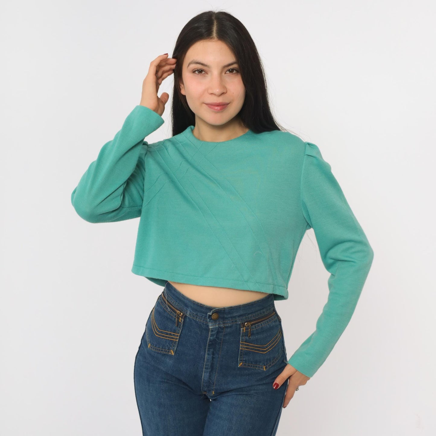 80s Green Puff Sleeve Crop Top Lattice Texture Wool Blend Medium