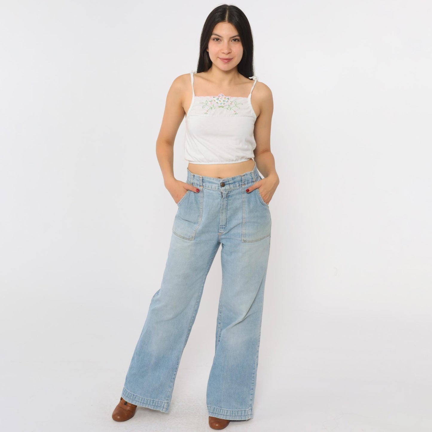 70s Wide Leg Jeans Faded Blue Denim High Waist Bell Bottom Small