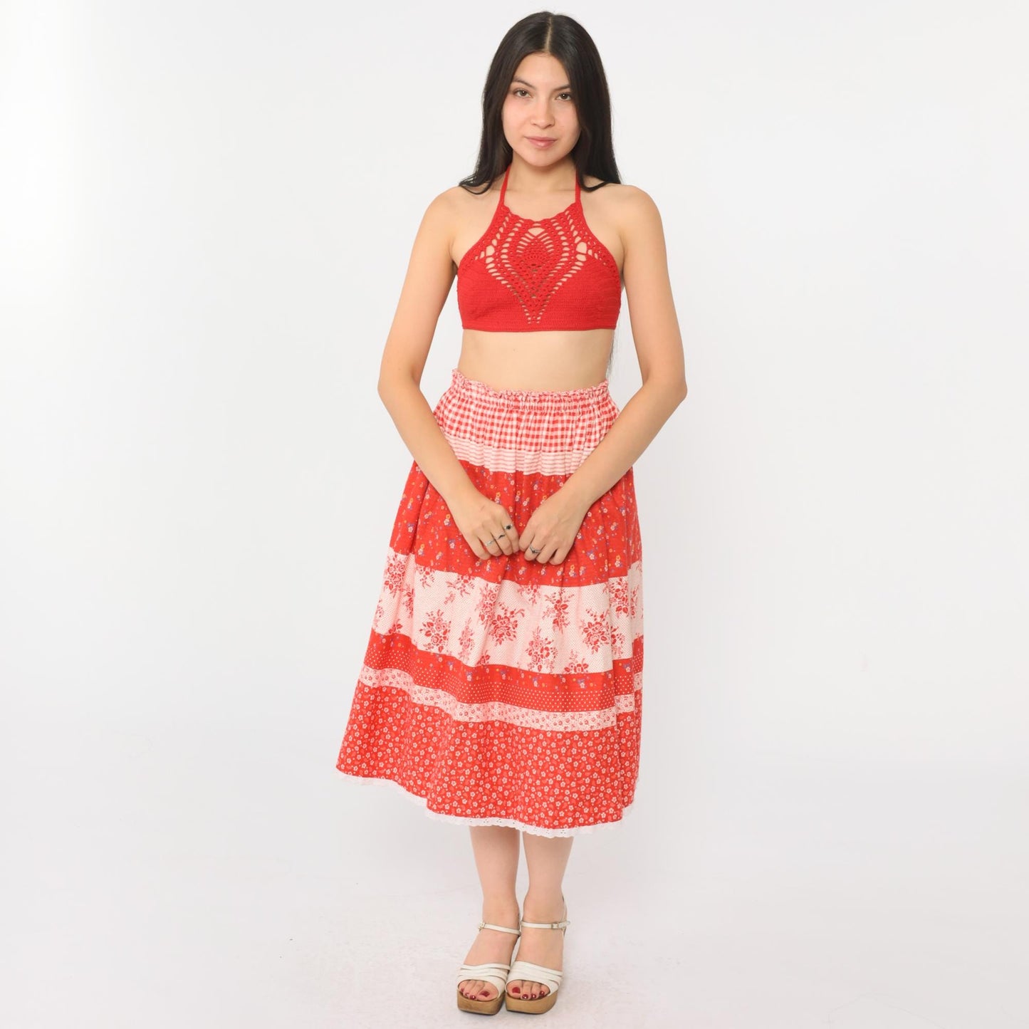 70s Red Floral Gingham Tiered Midi Skirt Elastic Waist Eyelet Lace Small Medium