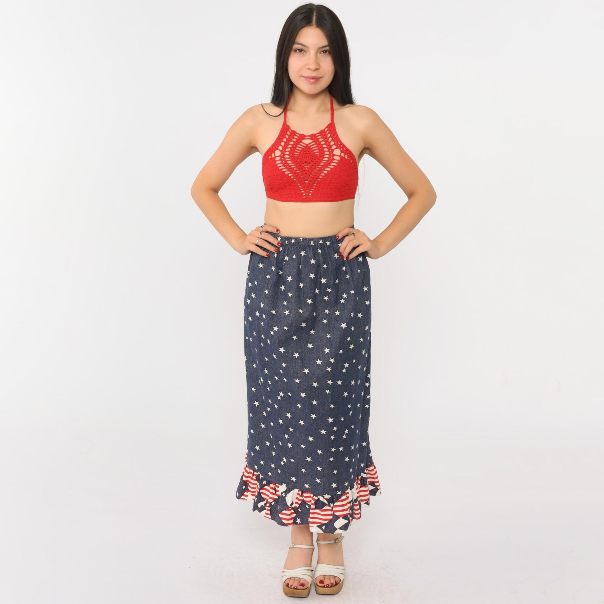 90s Patriotic Midi Skirt American Flag Star Print Ruffle Hem Red White Blue XS