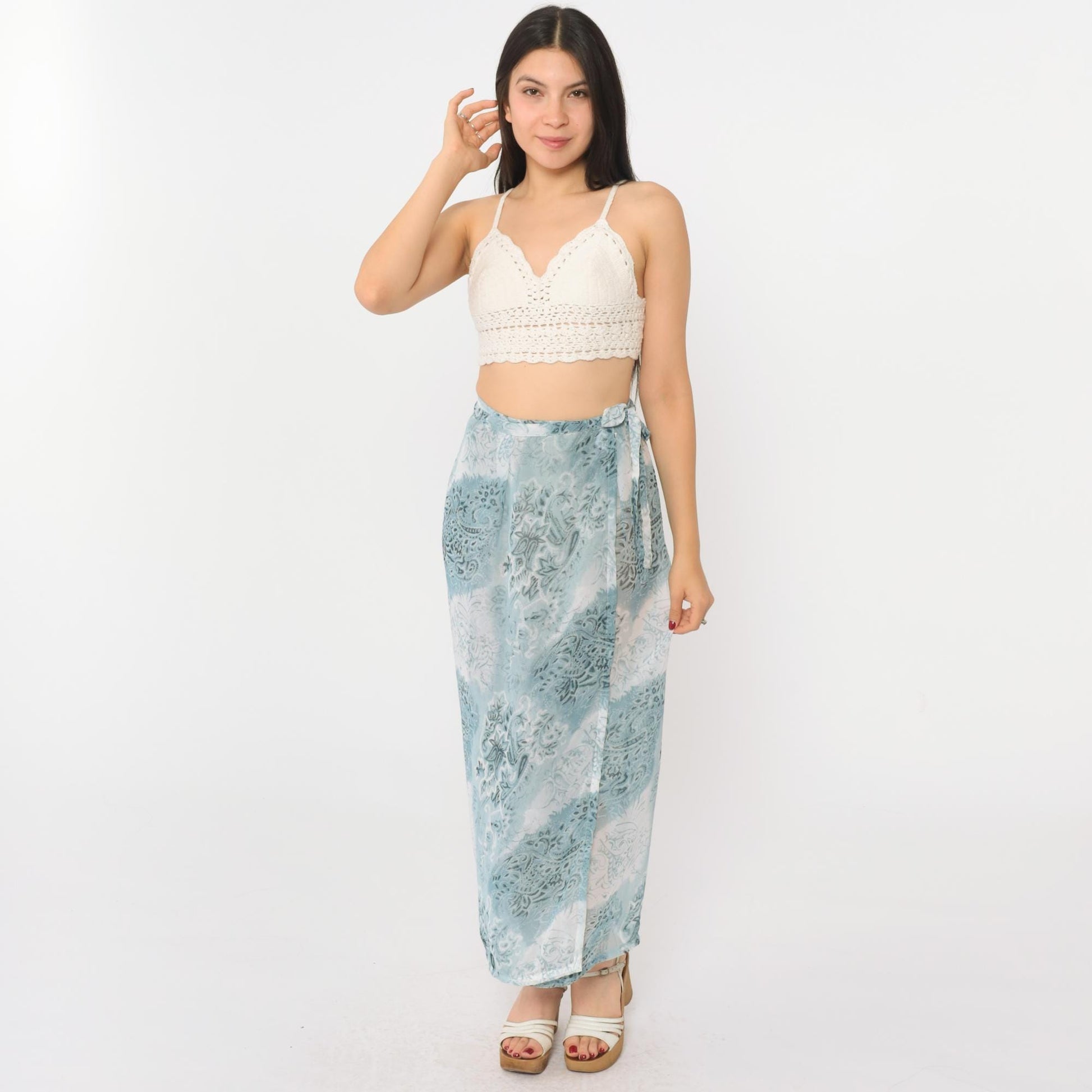 00s Blue Paisley Floral Wrap Maxi Skirt High Waist Tie Ankle Length Small