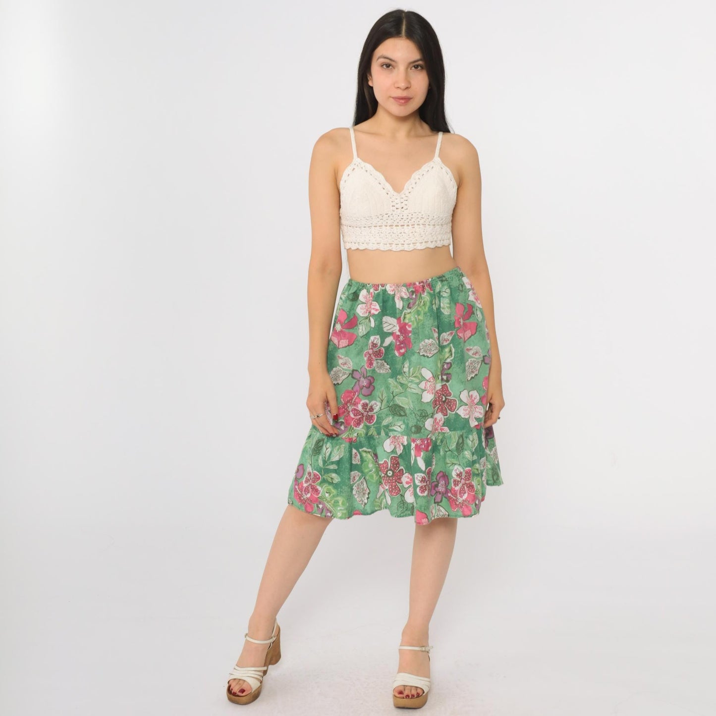 80s Green Floral Tiered Skirt High Waist Pink Print Knee Length Small Medium