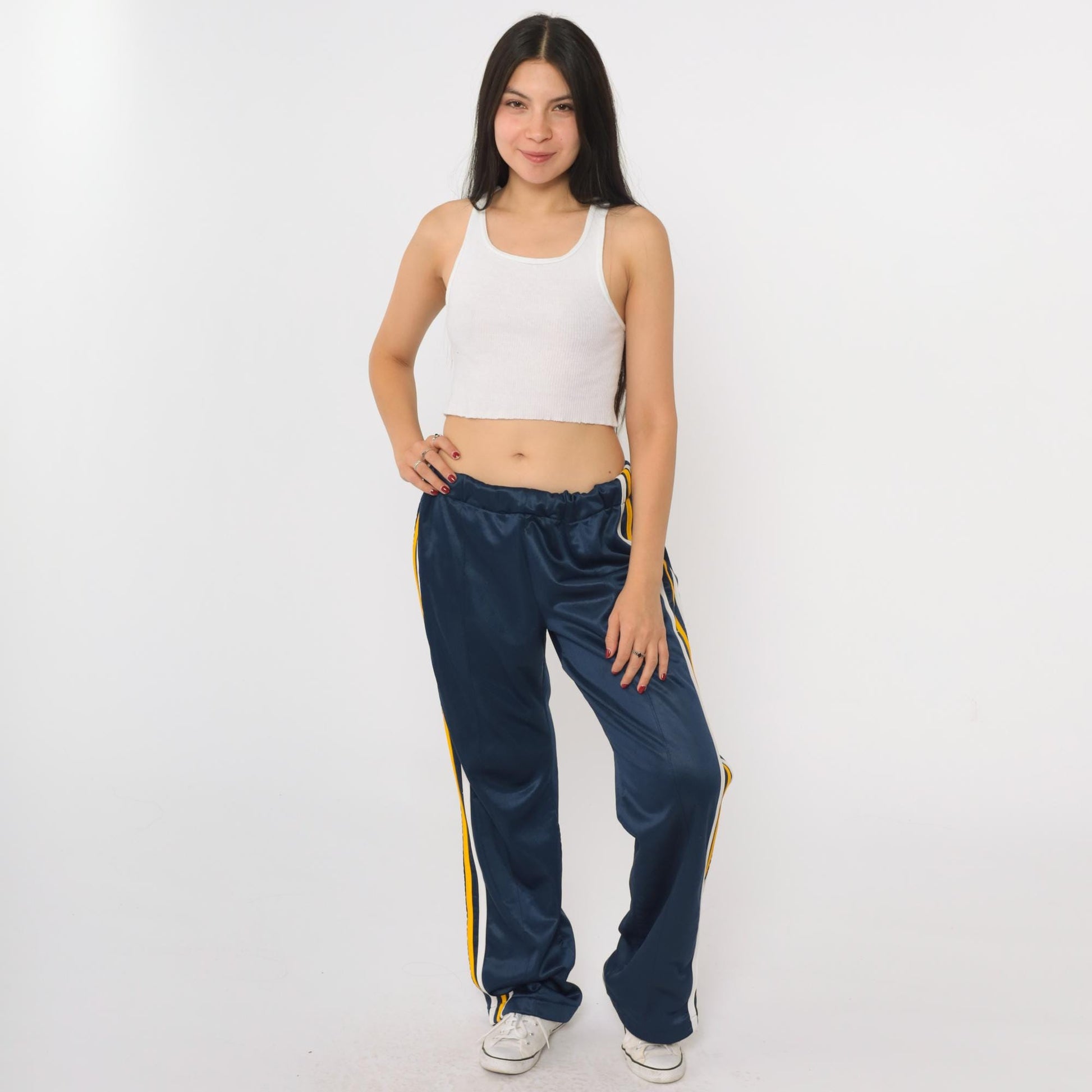 80s Navy Track Pants White Yellow Stripe Wide Leg Elastic Waist Medium Large