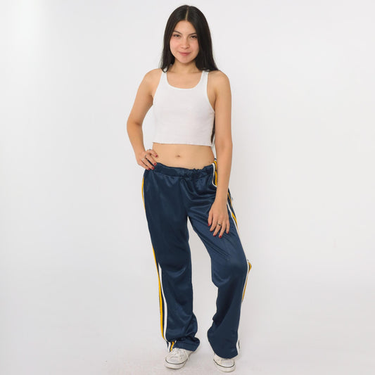 80s Navy Track Pants White Yellow Stripe Wide Leg Elastic Waist Medium Large