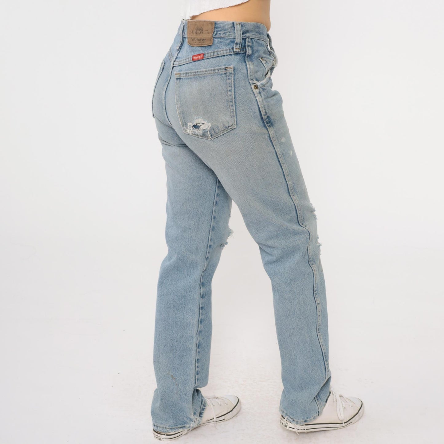 00s Wrangler Straight Leg High Rise Jeans Faded Blue Ripped 29x32