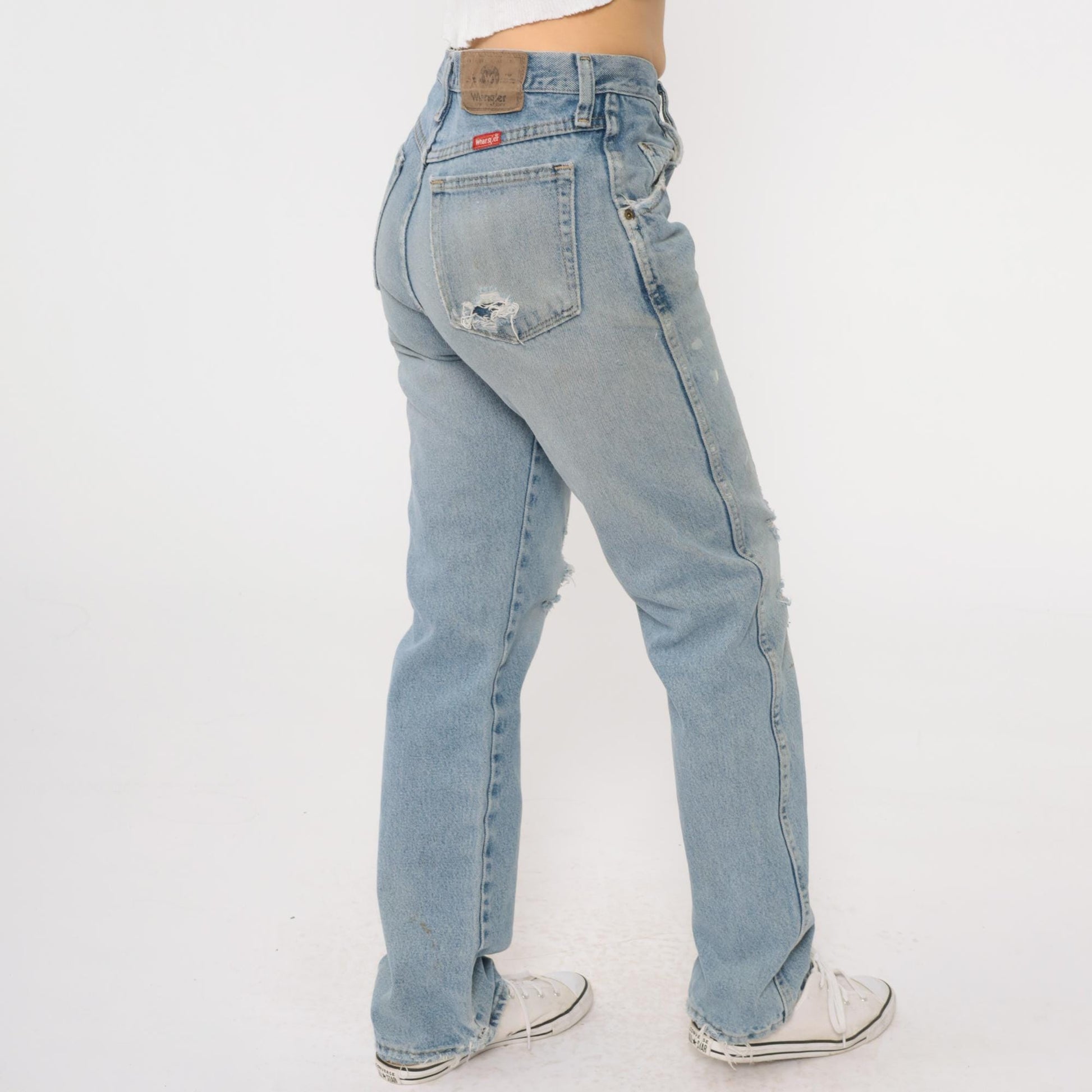 00s Wrangler Straight Leg High Rise Jeans Faded Blue Ripped 29x32