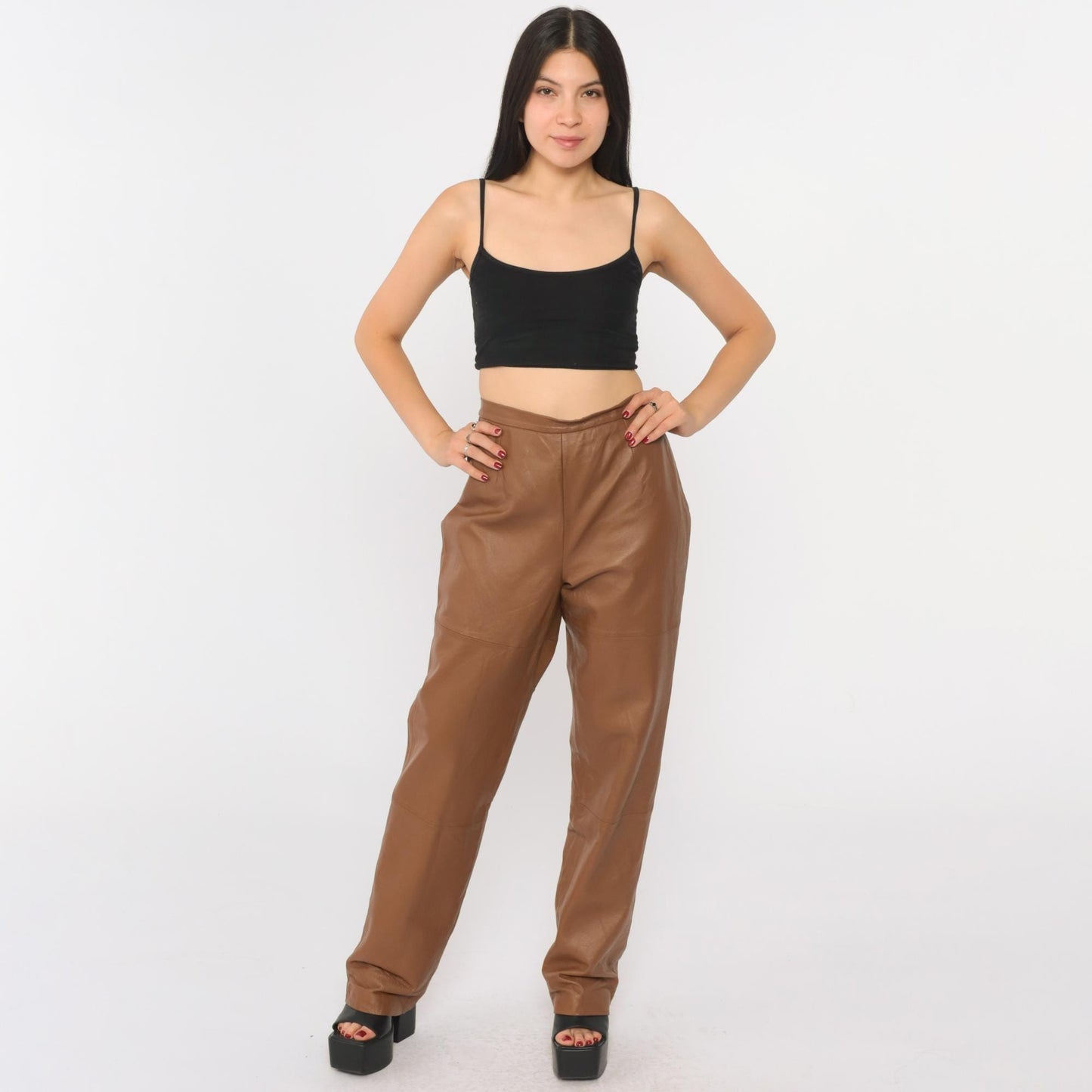 90s Terry Lewis Brown Leather Pants High Waist Straight Leg Medium