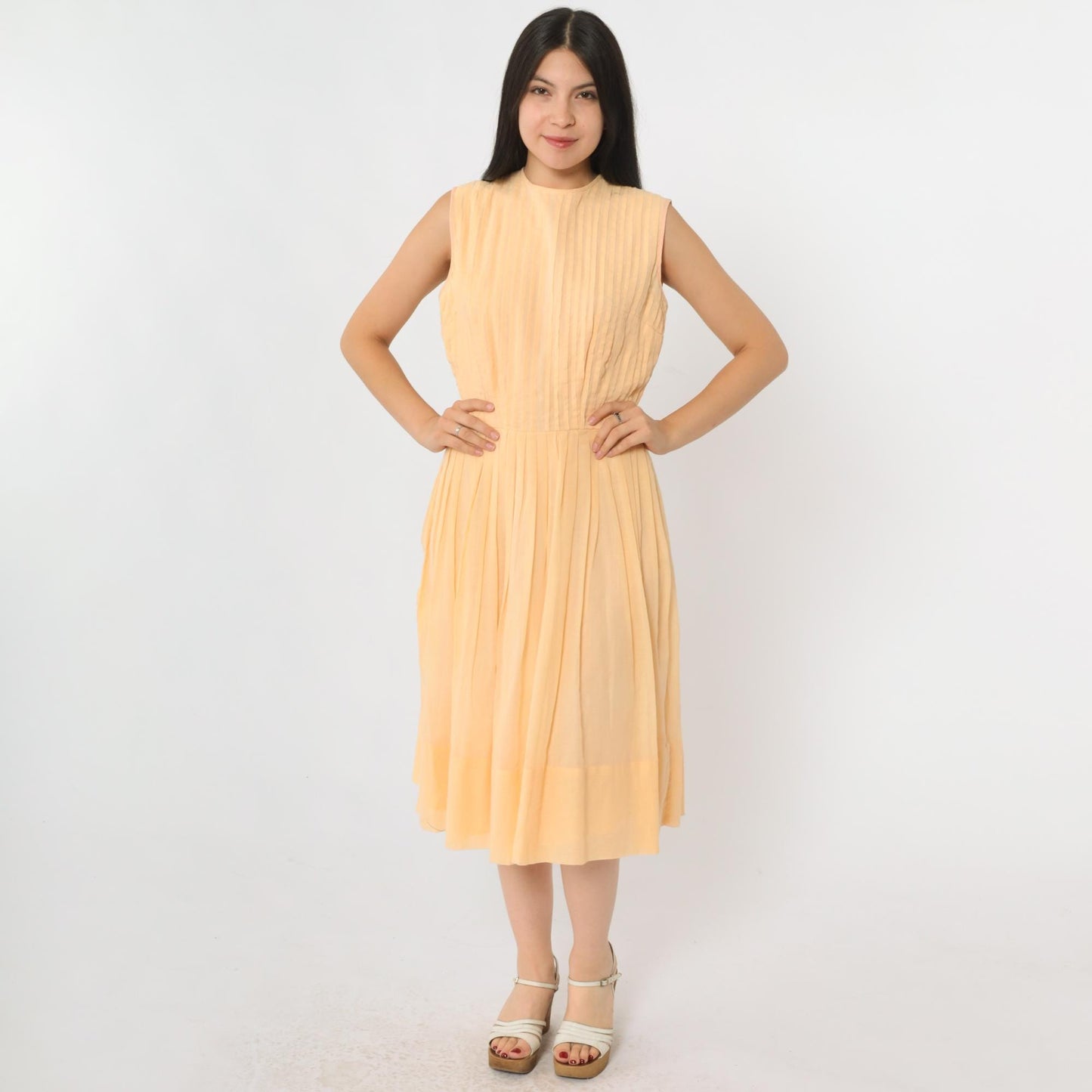 60s Peach Pleated Fit and Flare Midi Dress Sleeveless High Waist Small S