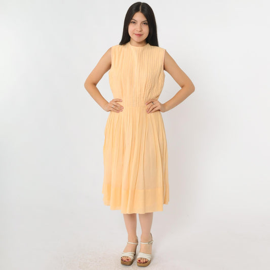 60s Peach Pleated Fit and Flare Midi Dress Sleeveless High Waist Small S