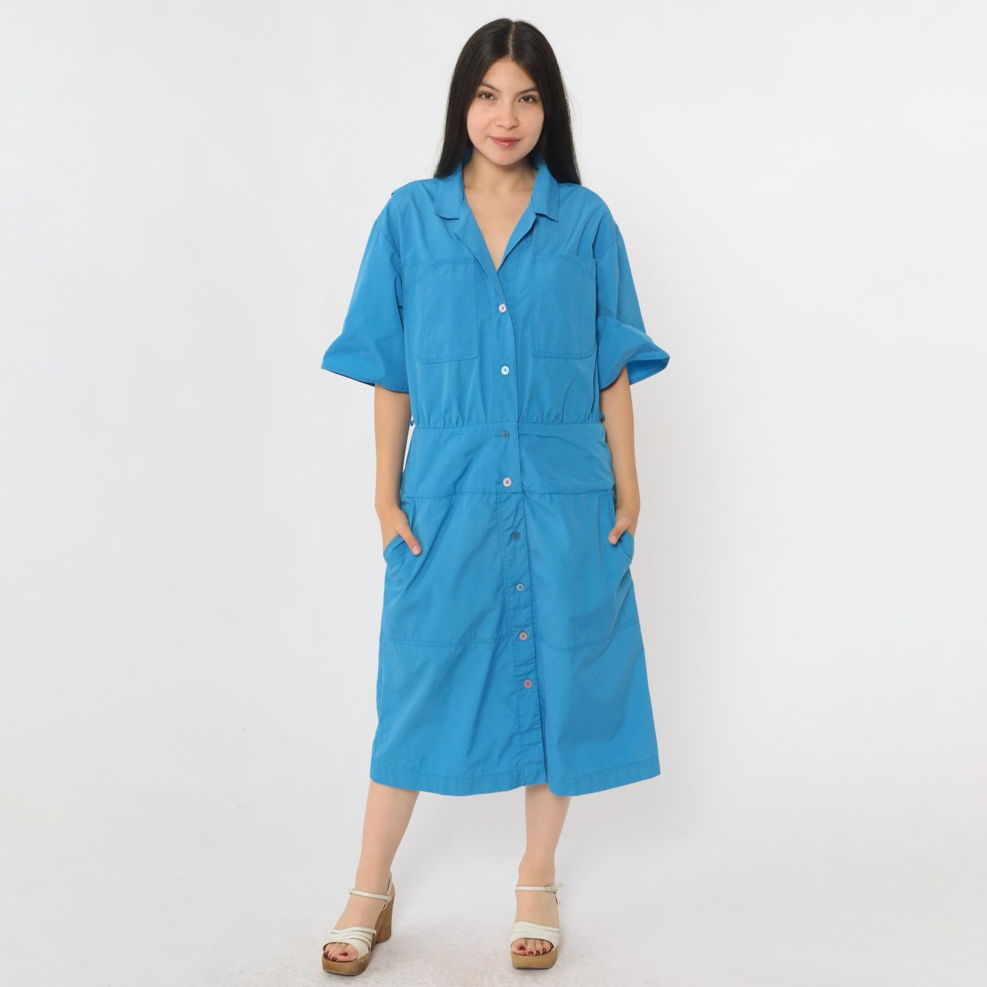 80s Blue Midi Shirt Dress Chest Pockets Half Sleeve Collared Medium