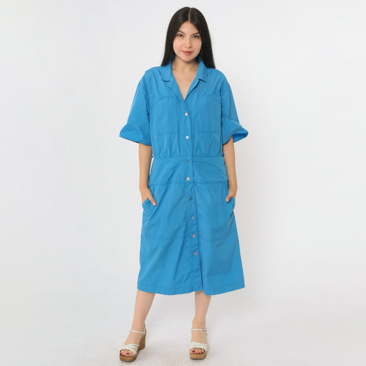 80s Blue Midi Shirt Dress Chest Pockets Half Sleeve Collared Medium