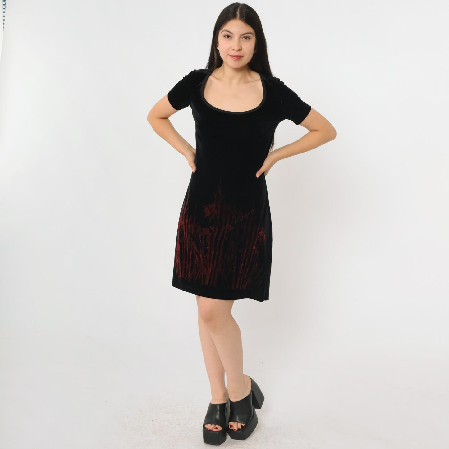 90s Groove USA Black Velvet Mini Dress Bamboo Print Scoop Neck Medium M