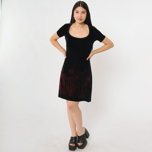 90s Groove USA Black Velvet Mini Dress Bamboo Print Scoop Neck Medium M
