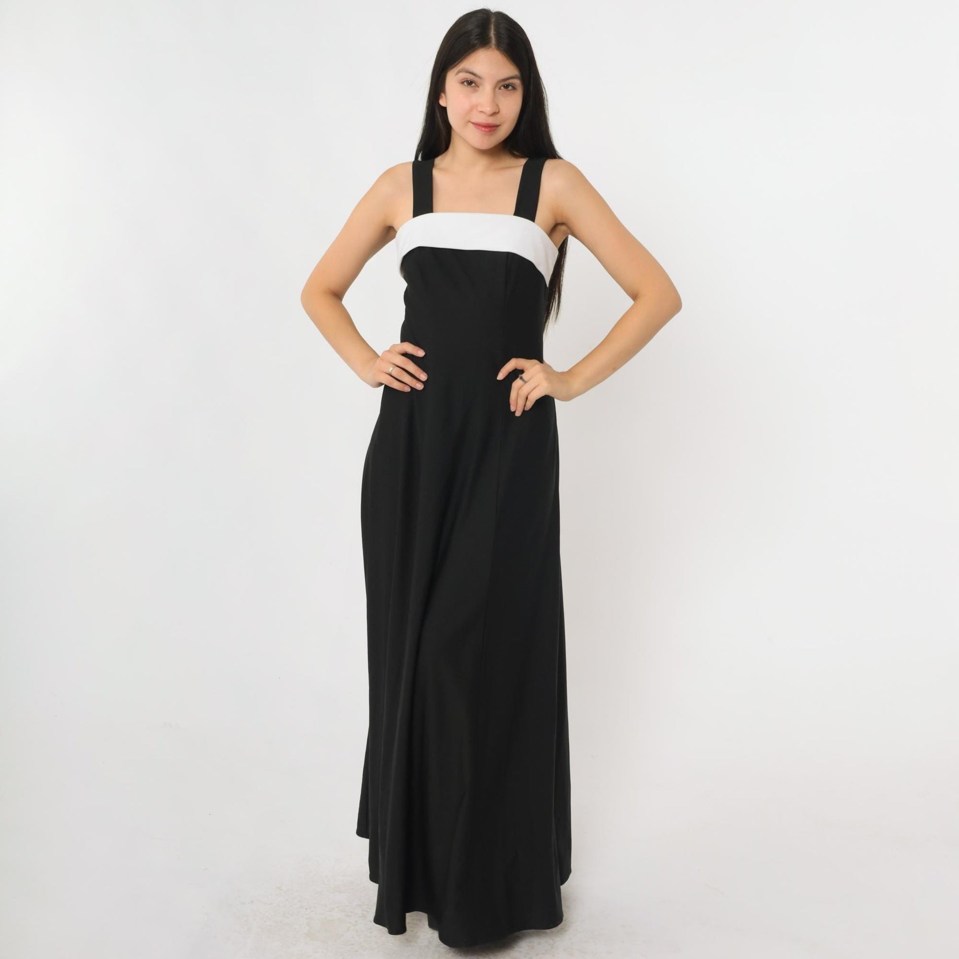 Y2K Black Maxi Dress White Chest Panel Square Neck Sleeveless Extra Small