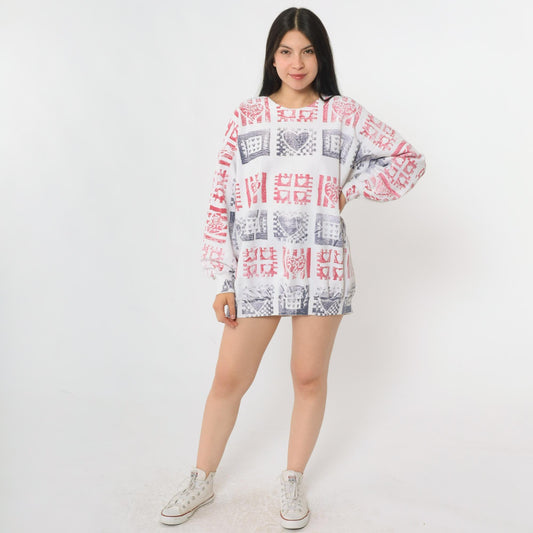 90s Heart Block Print Sweatshirt White Crewneck Pullover Extra Large XXL