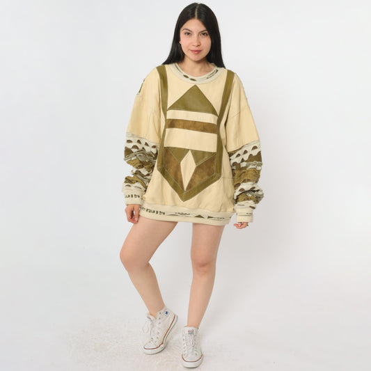 80s Patchwork Leather Sweater Cream Geometric Crewneck Large L