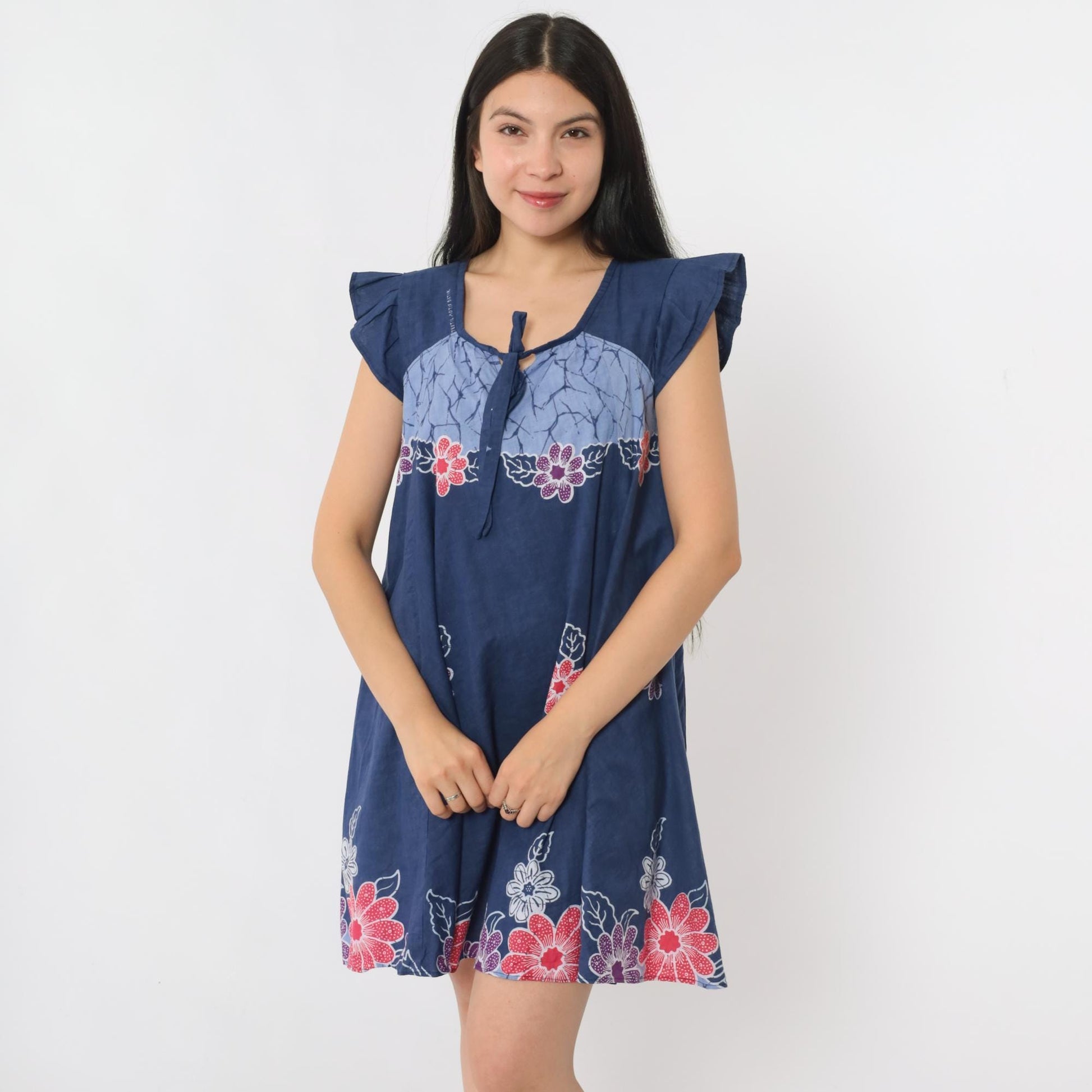 90s Batik Floral Blue Mini Dress Cap Sleeve Tie Neck Trapeze Small S