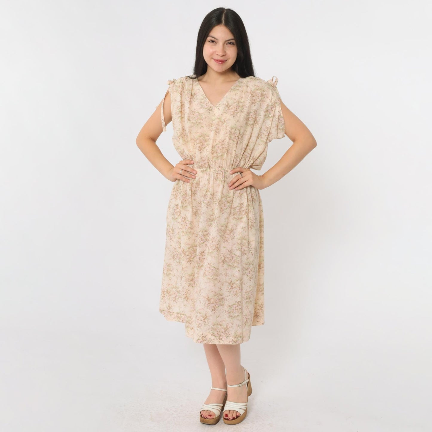 70s Floral Midi Dress Cream High Waist Cap Sleeve V Neck Small S