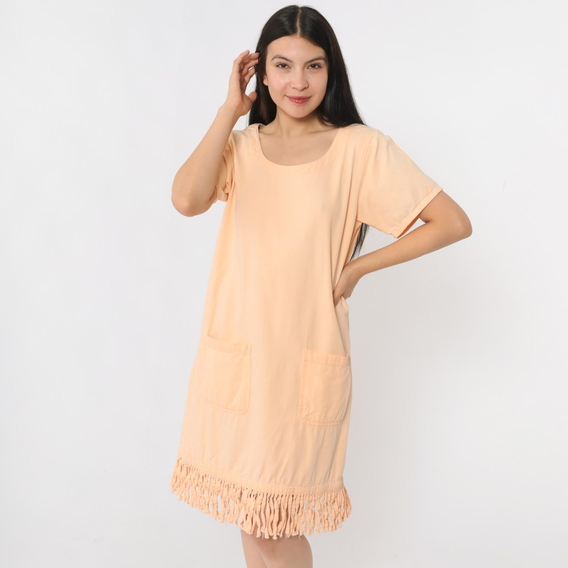 90s Peach Fringe Mini Shift Dress Cotton Short Sleeve Pockets Small S