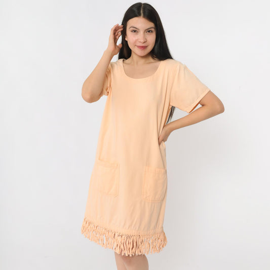 90s Peach Fringe Mini Shift Dress Cotton Short Sleeve Pockets Small S