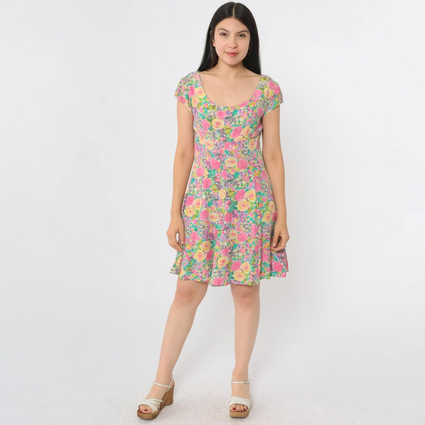 90s Paris Blues Floral Mini Dress Empire Waist Fit Flare Pink Blue Small