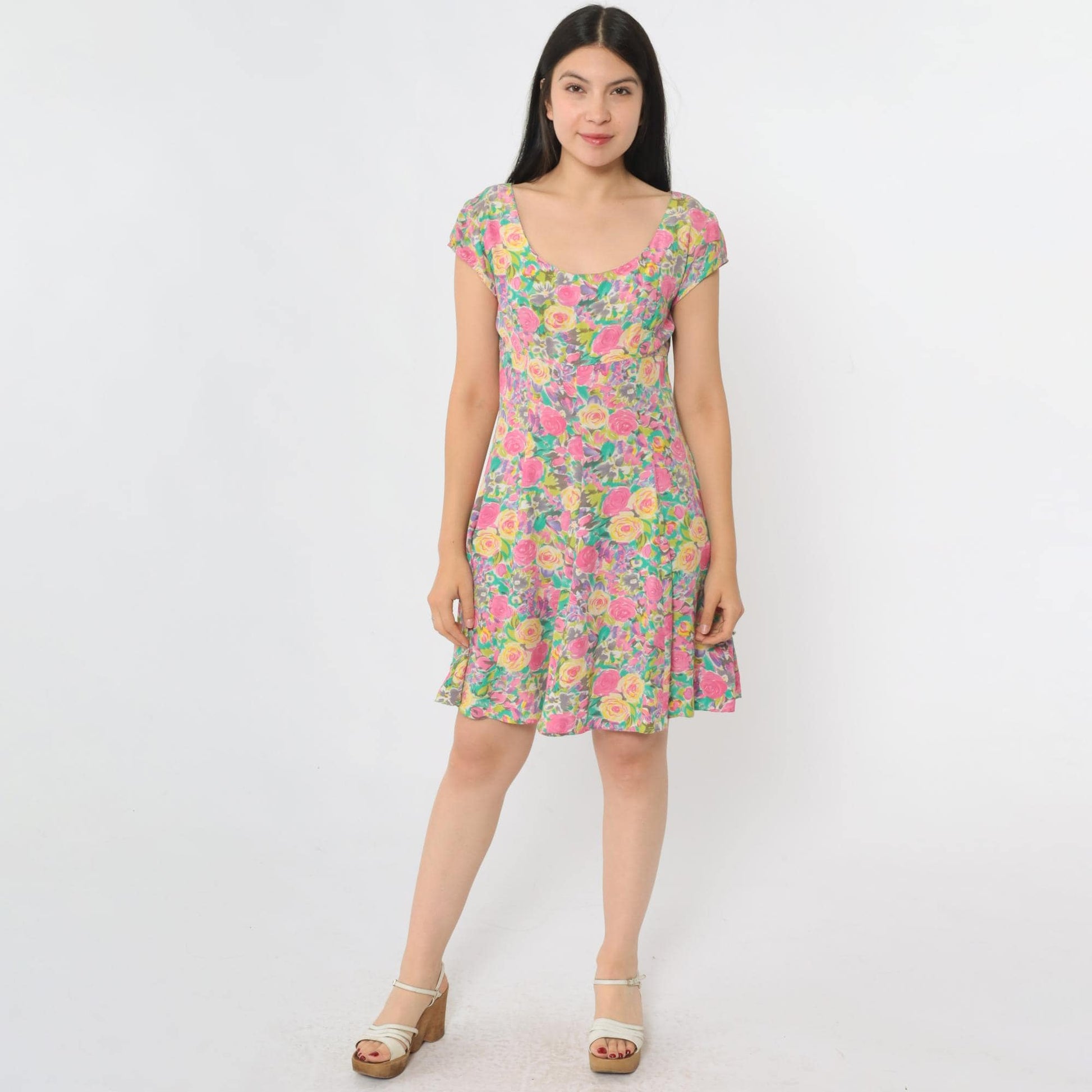 90s Paris Blues Floral Mini Dress Empire Waist Fit Flare Pink Blue Small