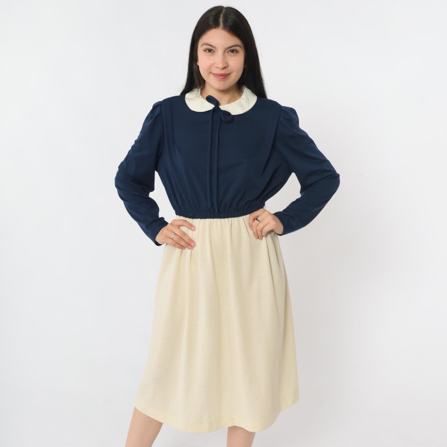 70s Checkaberry Two-Tone Midi Dress Peter Pan Collar Puff Sleeve Navy Cream Medium Large