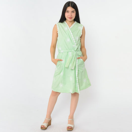 70s Lord & Taylor Green Floral Wrap Dress Embroidered V Neck Mini Medium M