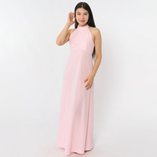 70s Pink Halter Maxi Dress Racerback Empire Waist XS