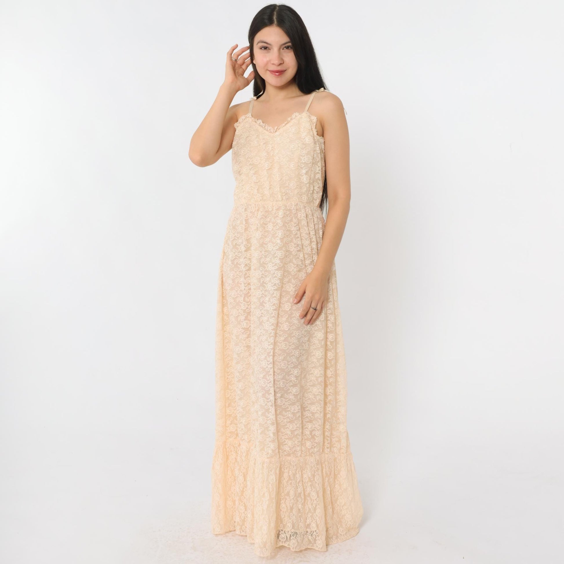 70s Peach Lace Maxi Dress Sweetheart Neckline Spaghetti Strap Small