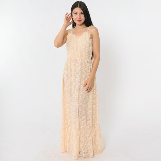 70s Peach Lace Maxi Dress Sweetheart Neckline Spaghetti Strap Small