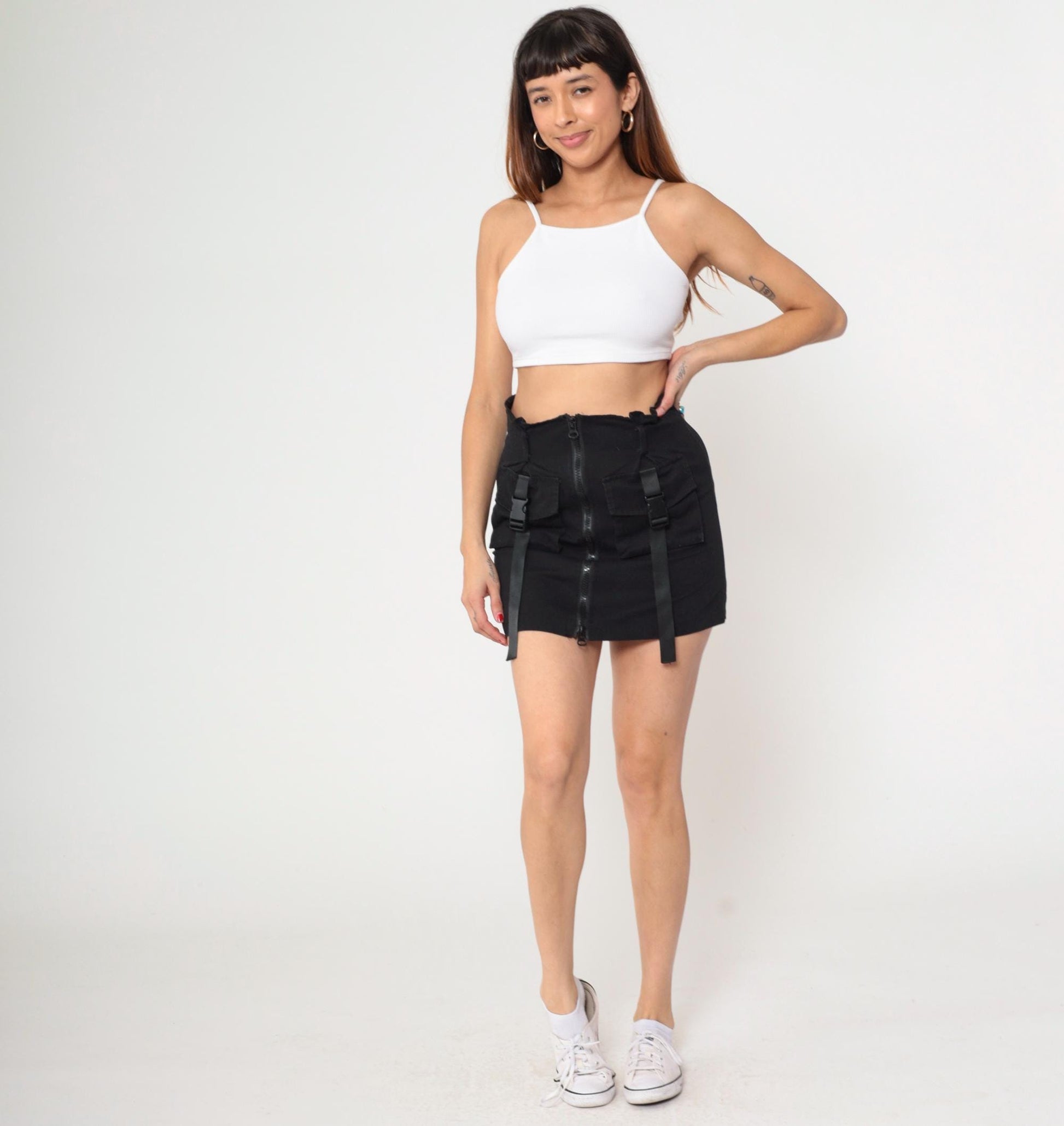Y2K Black Utility Mini Skirt Bodycon Buckle Straps Small S