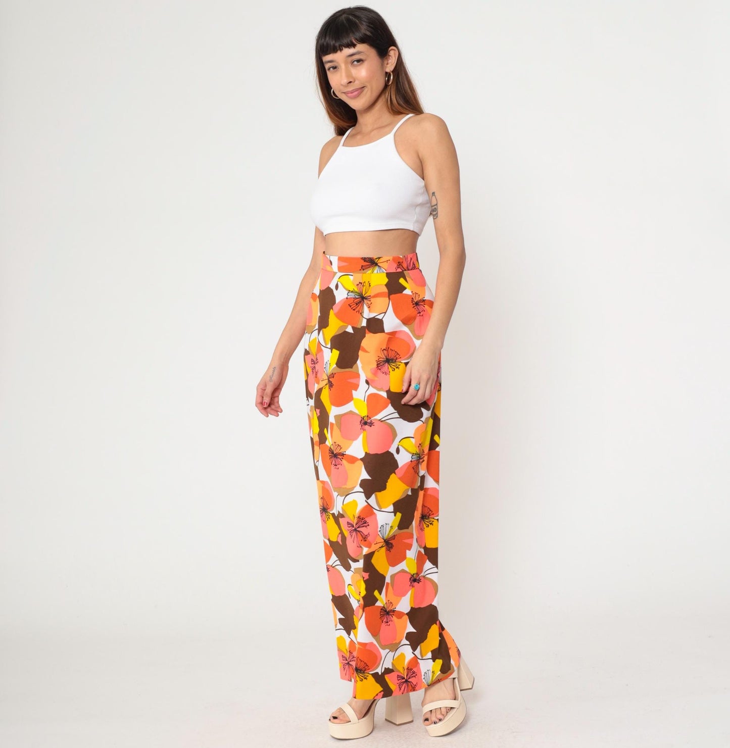 70s Floral Maxi Skirt High Waist Tropical Print Coral Orange Brown Medium