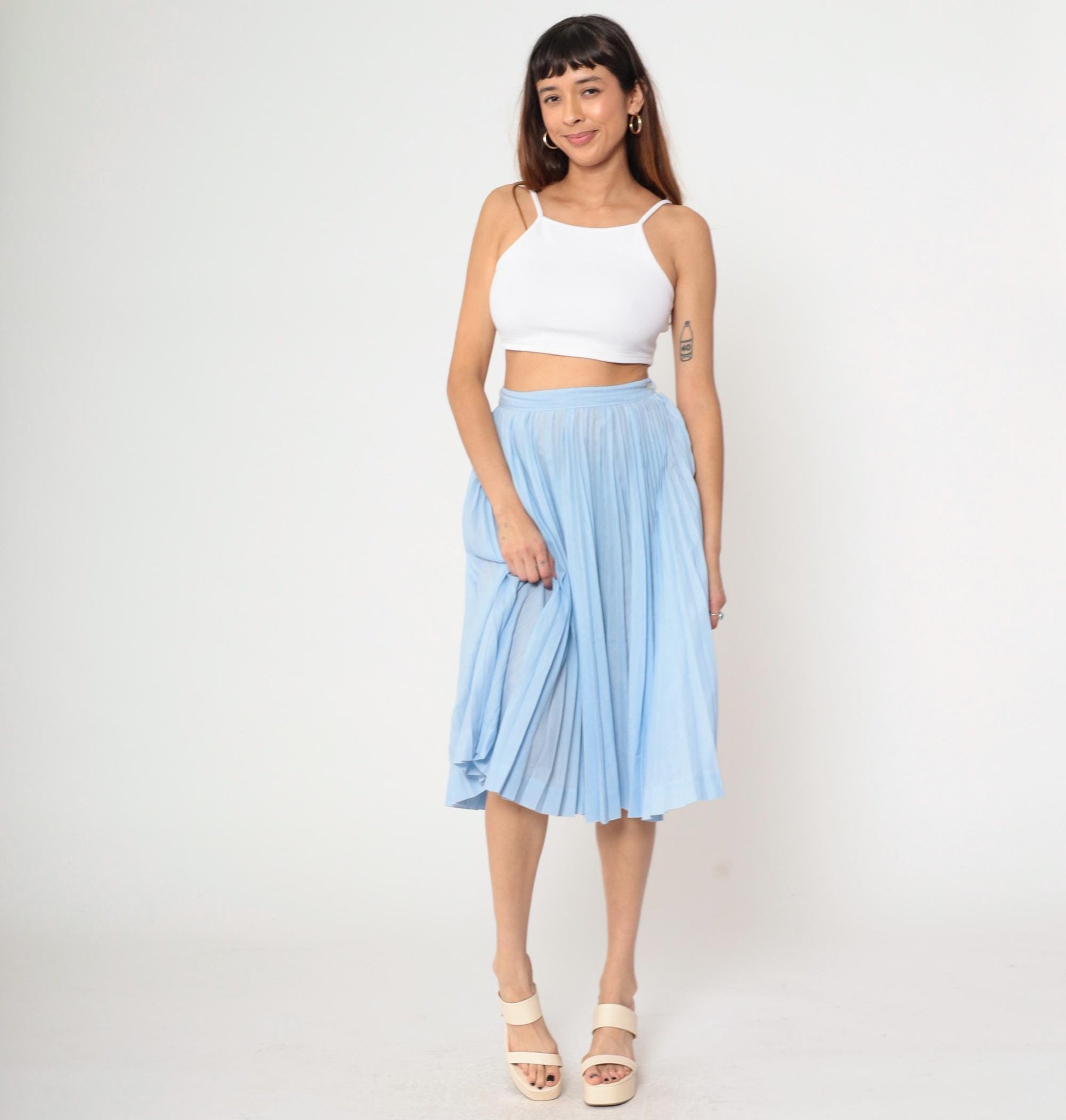 60s Light Blue Pleated High-Waist Midi Skirt Semi-Sheer Medium 8
