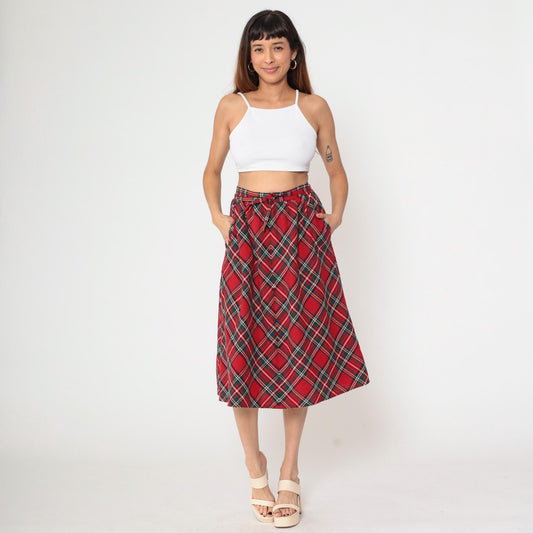 70s Red Plaid Wool Midi Skirt High Waisted A-Line Tartan Small
