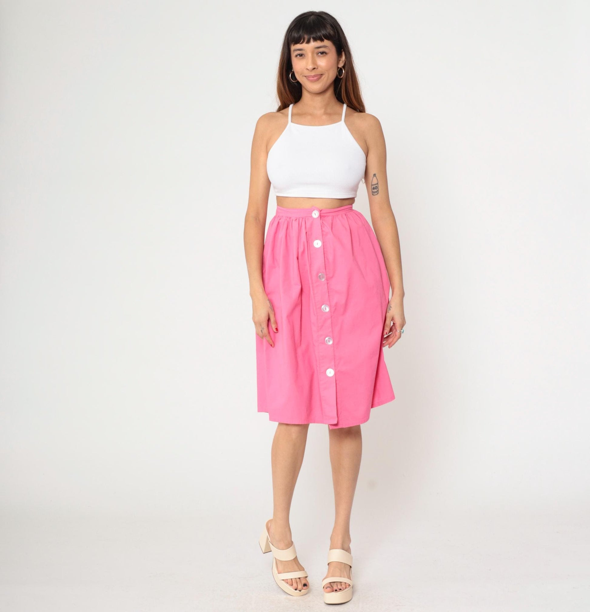 80s Bright Pink Button-Up Midi Skirt High Waist Gathered Small
