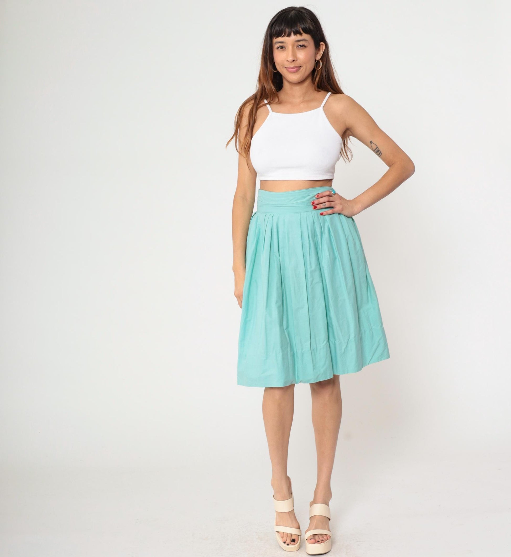 60s Seafoam Pleated High-Waist Skirt Mint Blue Knee-Length Small S