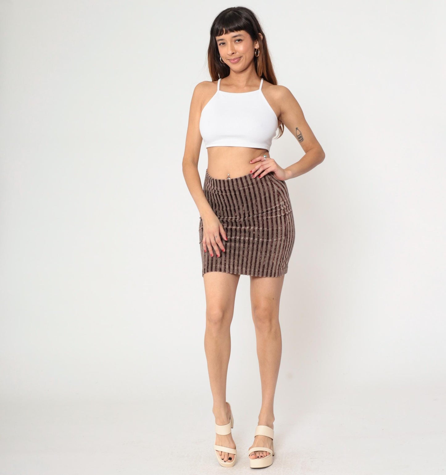 90s Brown Striped Velour Mini Skirt High Waist Bodycon Small