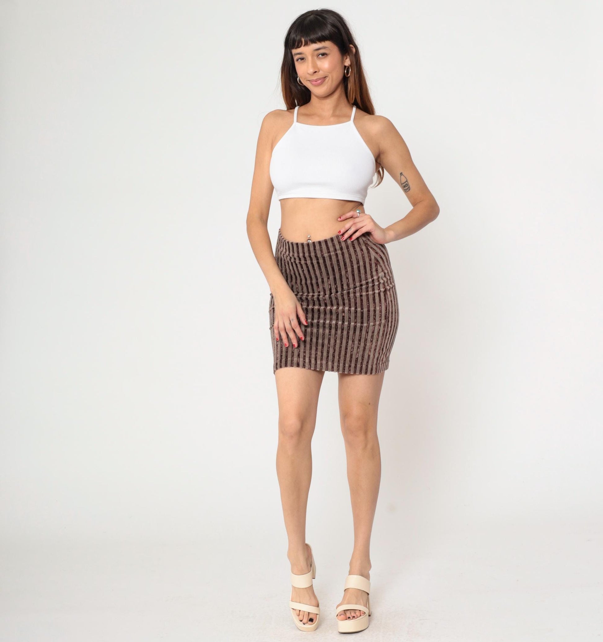90s Brown Striped Velour Mini Skirt High Waist Bodycon Small