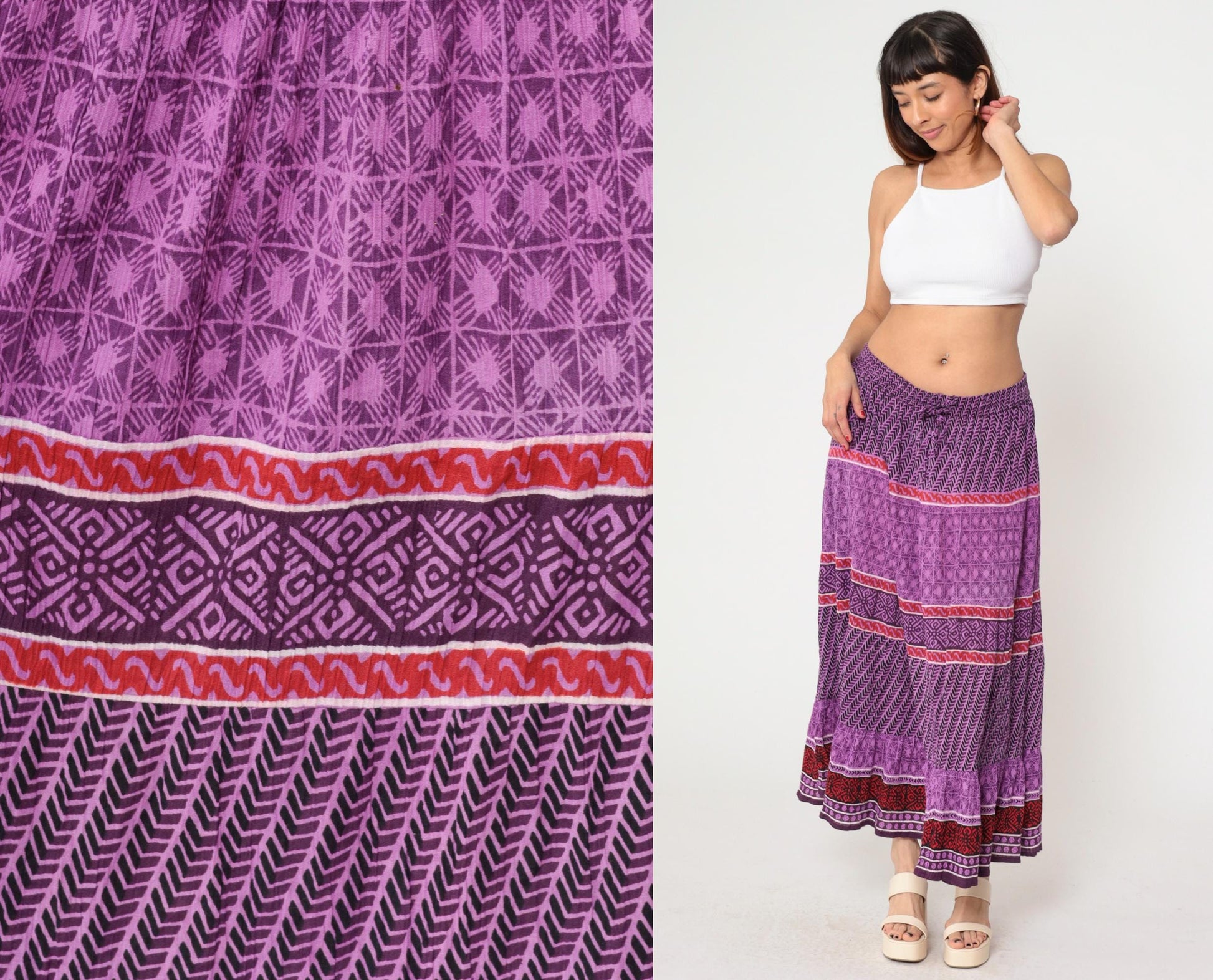 90s Purple Geometric Broomstick Maxi Skirt High Waist Drawstring Plus Size XXL