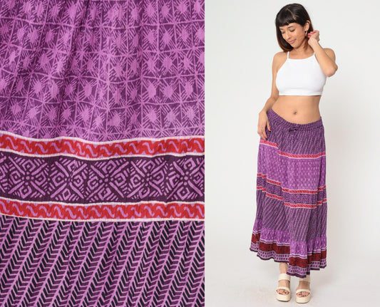 90s Purple Geometric Broomstick Maxi Skirt High Waist Drawstring Plus Size XXL