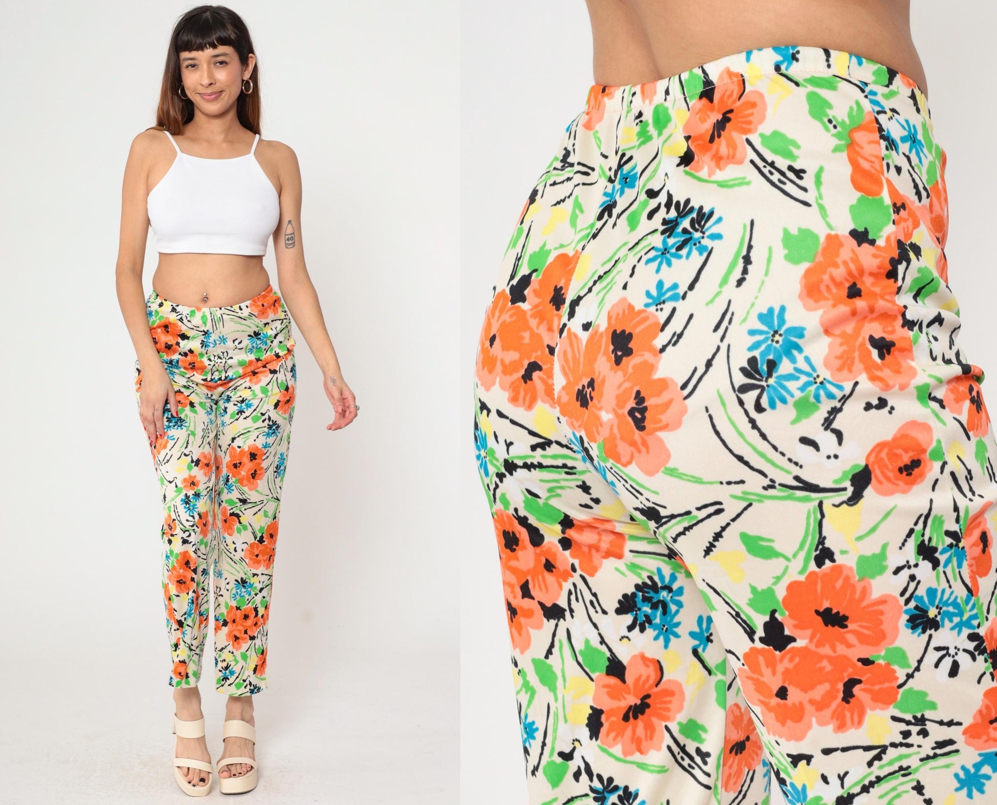 70s Floral Straight Leg Pants Cream Orange High Waist Elastic Pull On XS