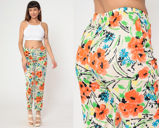 70s Floral Straight Leg Pants Cream Orange High Waist Elastic Pull On XS