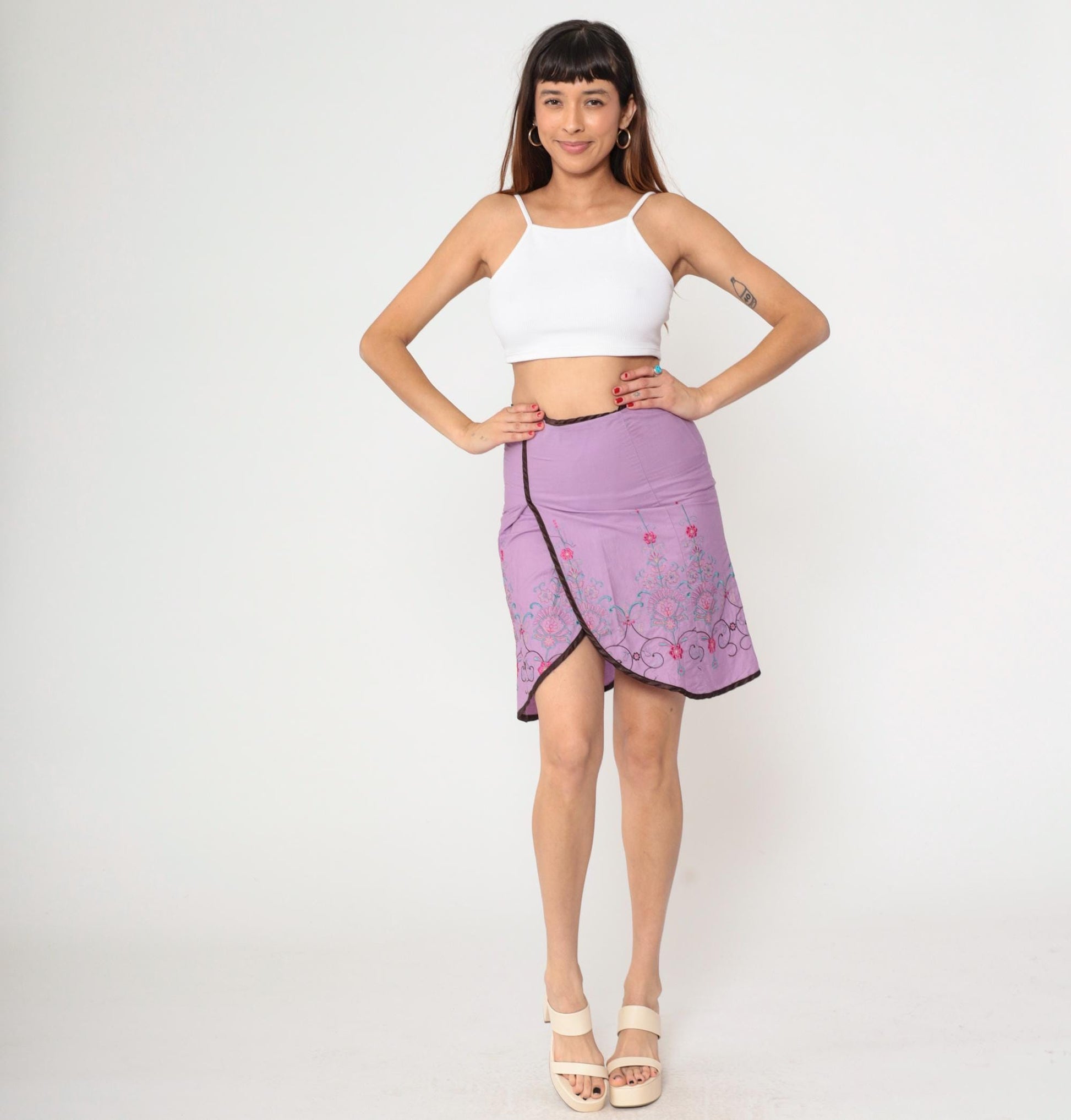 00s Heart Soul Floral Embroidered Mini Skirt Lavender Pencil Small