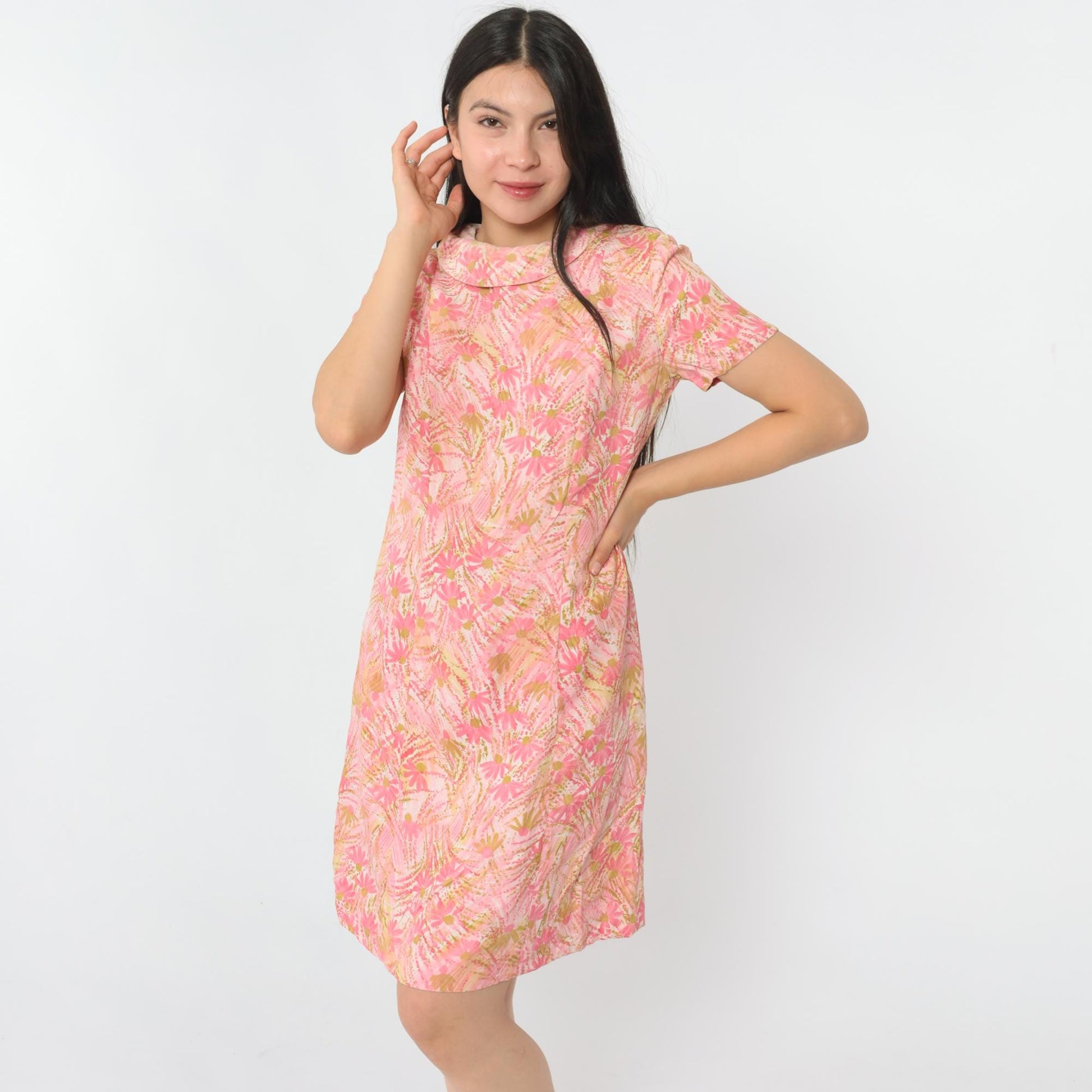 60s Pink Abstract Floral Shift Mini Dress Short Sleeve Small S